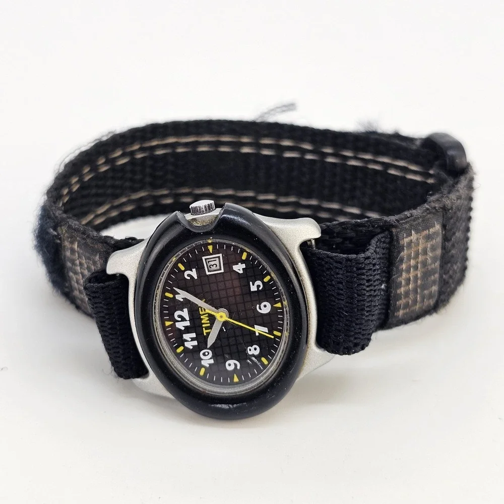 Timex Kids Children Watch 32MM Black Dial Date Black Nylon Band New Battery‎